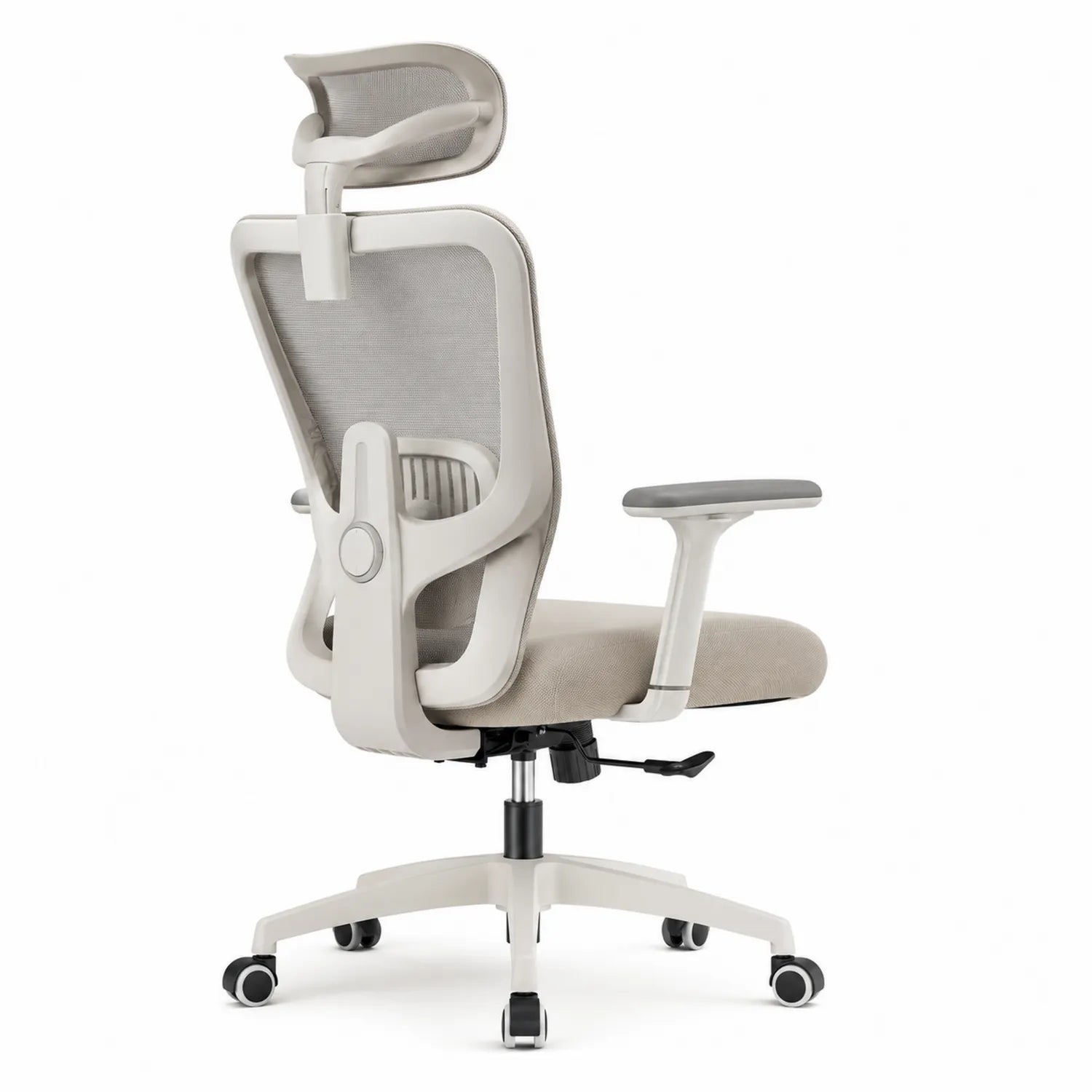 Silla ergonómica de oficina con reposacabezas y respaldo de malla gris y blanco