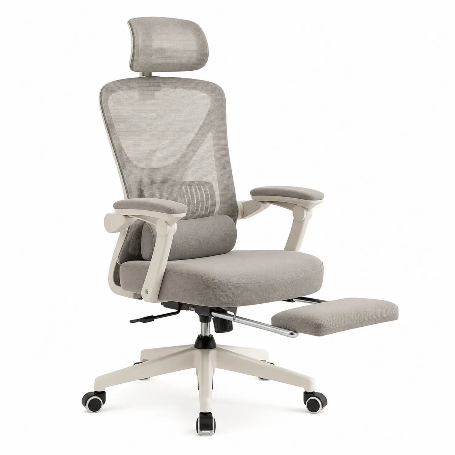 Silla ergonómica de oficina con reposacabezas y reposapiés de malla gris