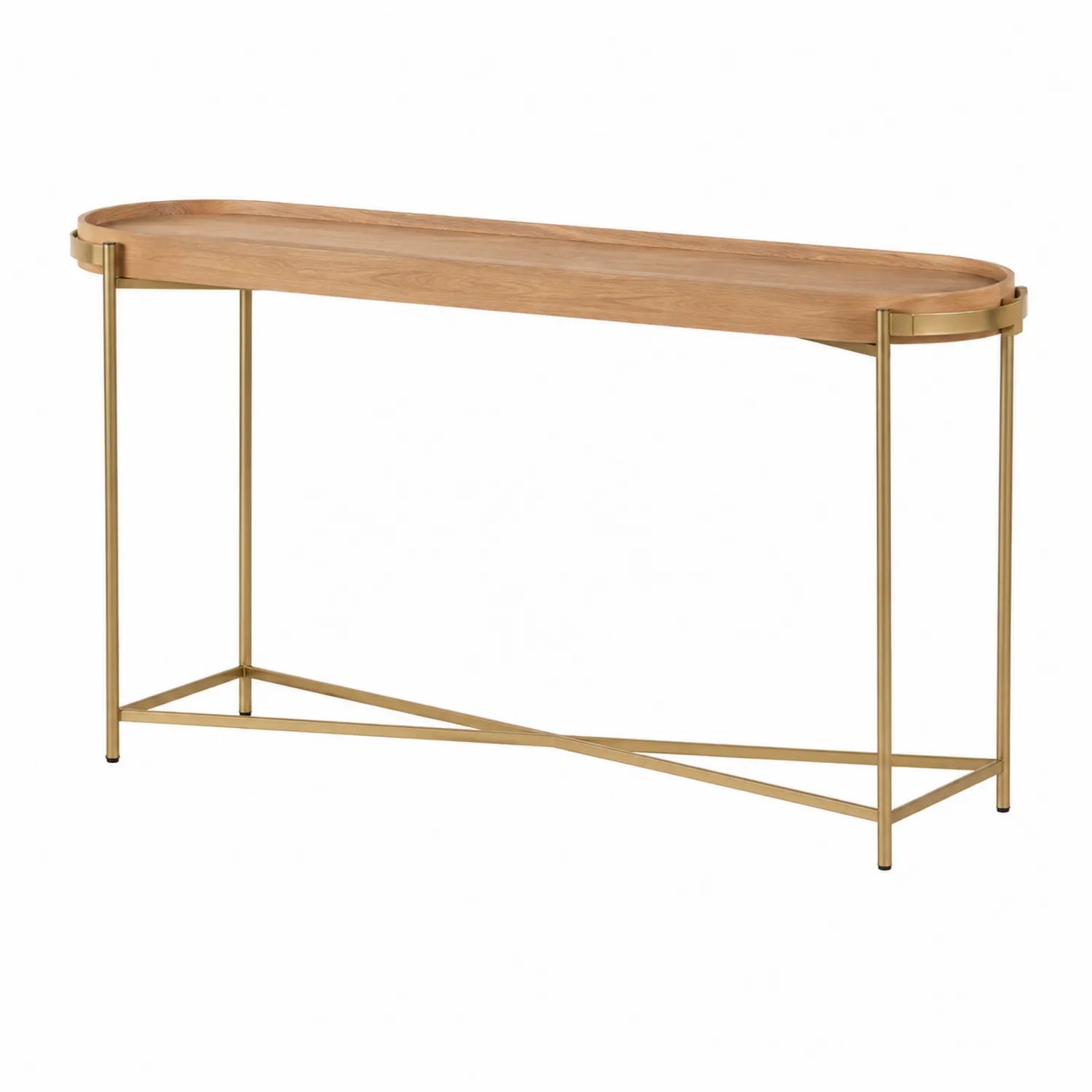 Mesa consola ovalada de roble y metal dorado 120x30x80 cm