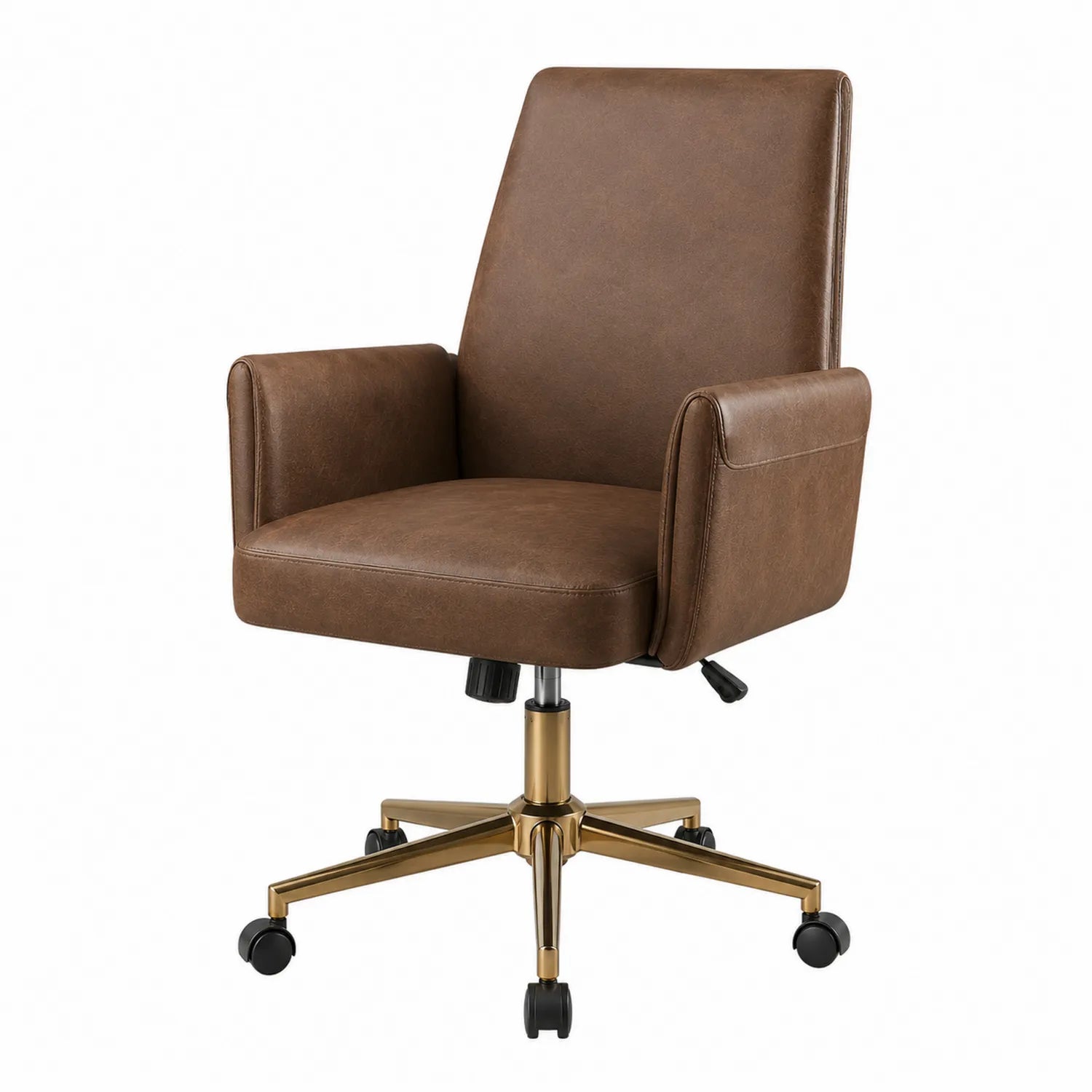 Silla de oficina de piel sintética marrón con base de metal dorado