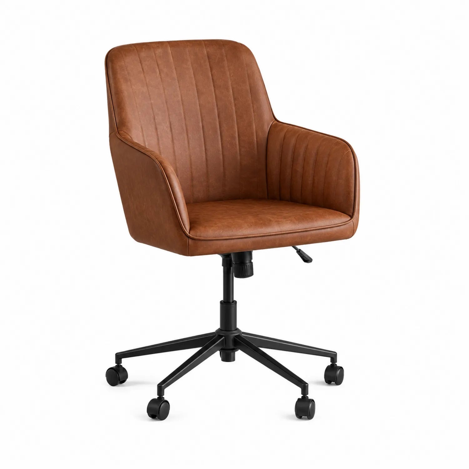 Silla giratoria de cuero sintético marrón con base metálica ajustable