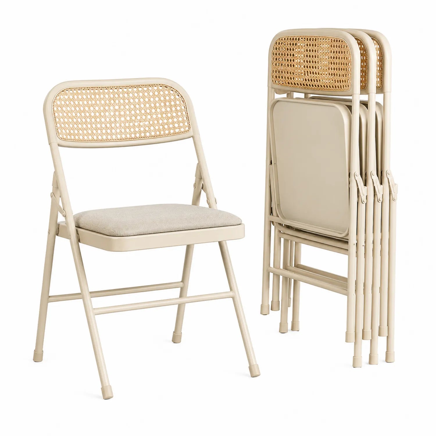 Sillas plegables de metal con asiento acolchado y respaldo de ratán sintético Beige