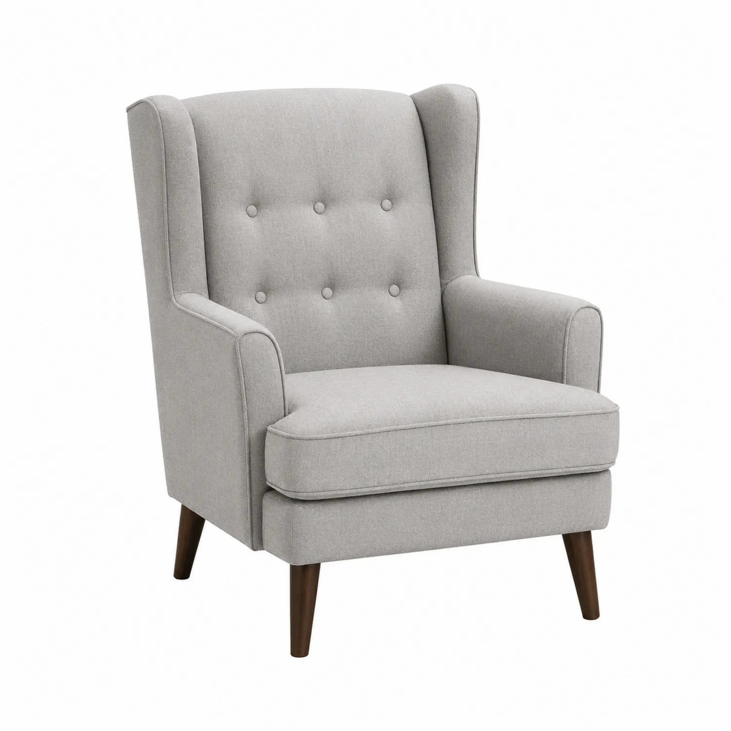 Sillón de tela gris con patas de madera