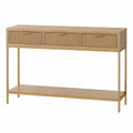 Consola de madera con cajones y estructura metálica dorada