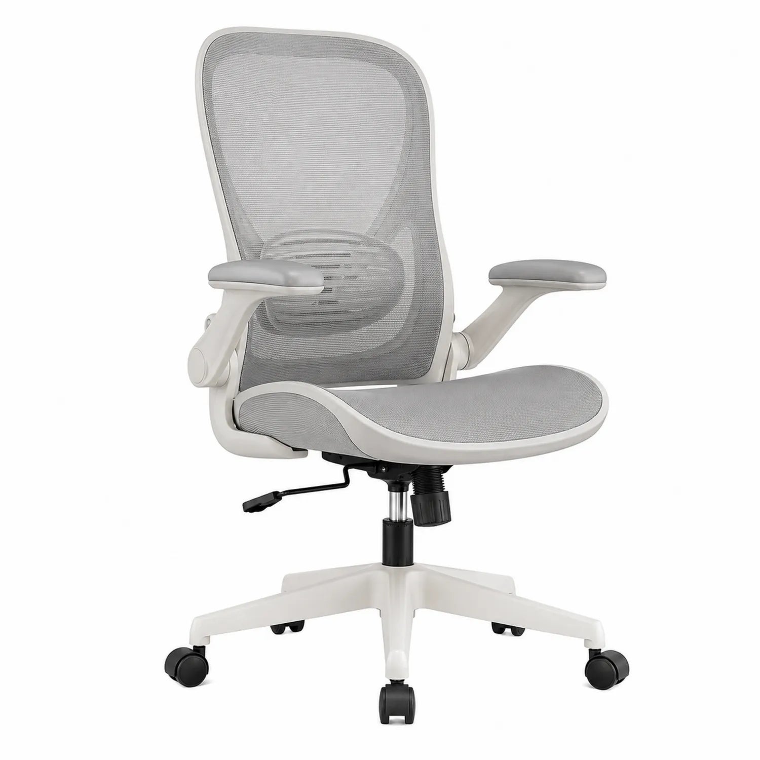 Silla de oficina de malla gris con reposabrazos ajustables