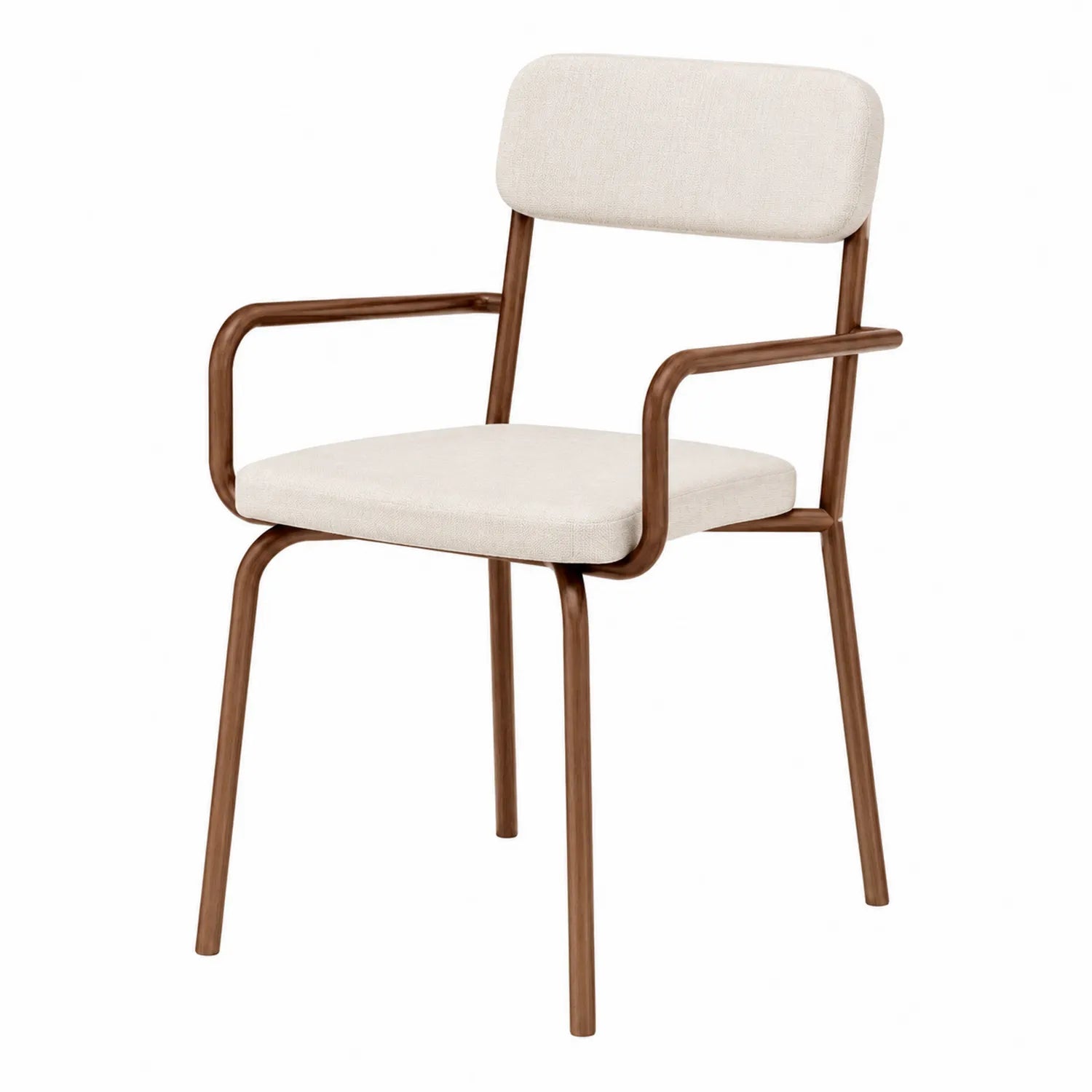 Silla con brazos de tela beige y estructura metálica marrón