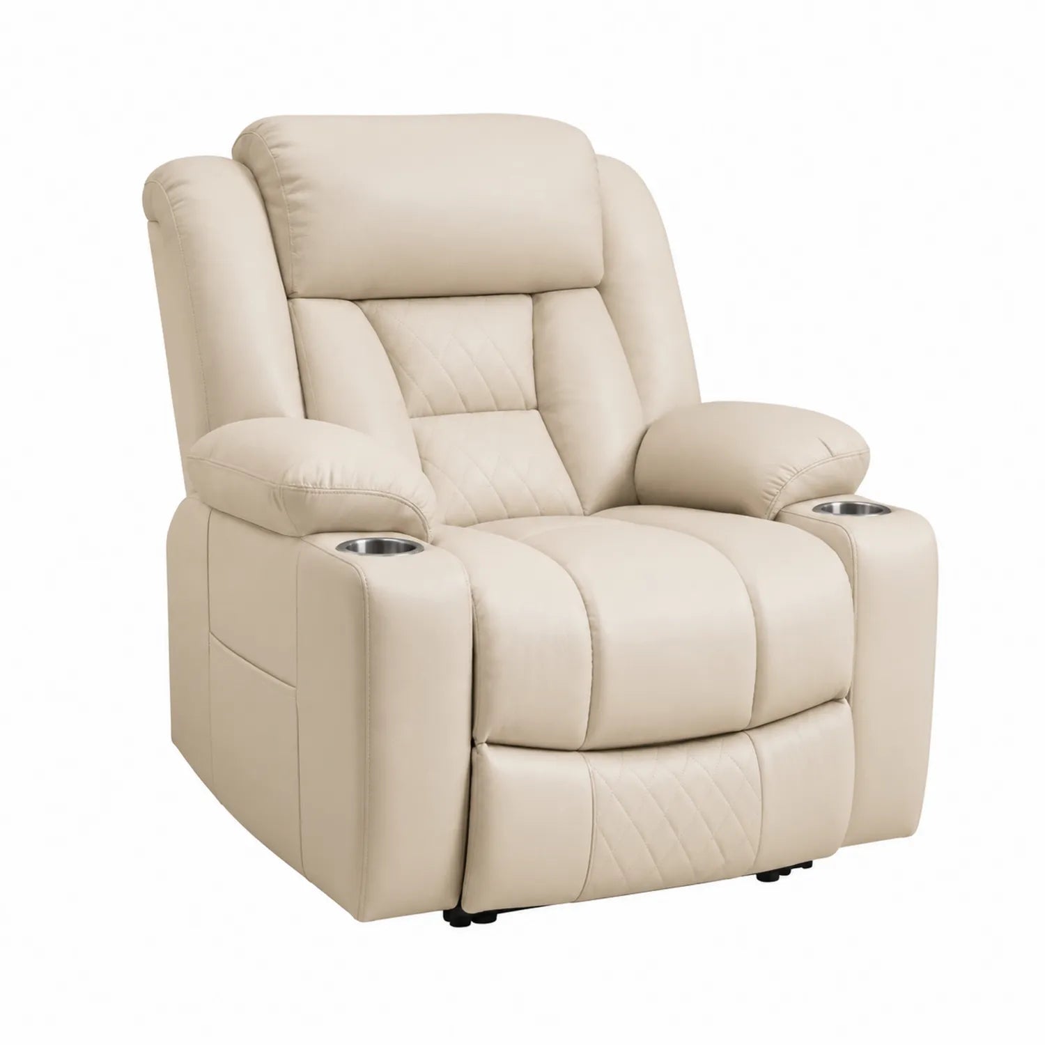 Sillón reclinable de piel sintética beige con portavasos