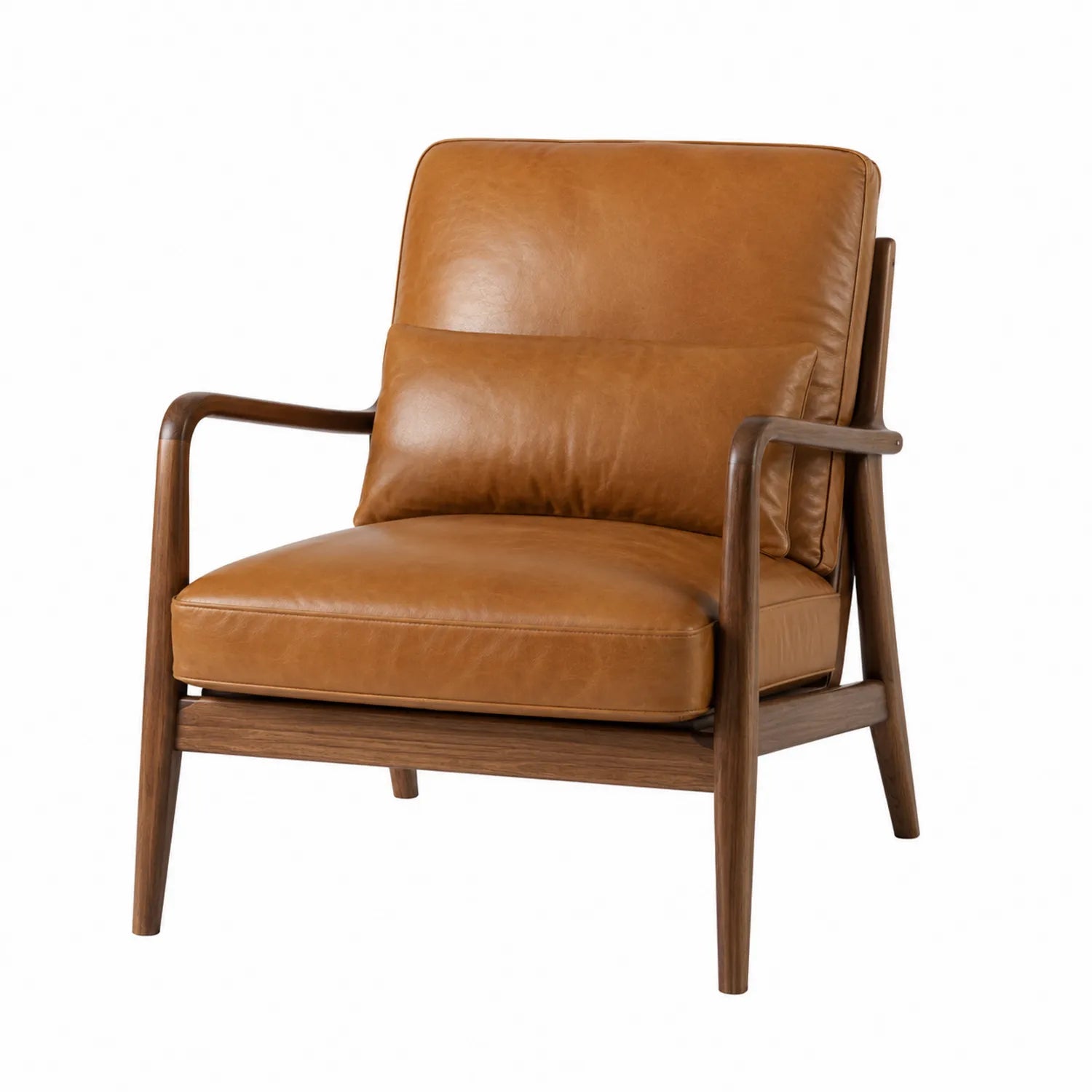 Sillón de cuero marrón con estructura de nogal